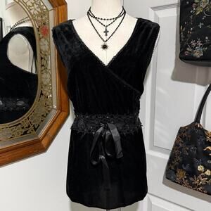 Venezia Black Velvet Lace Trim Floral Embroidered Beaded Gothic Witchy Top